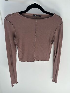 Zara Mauve-Brown Long Sleeve Cropped Tee